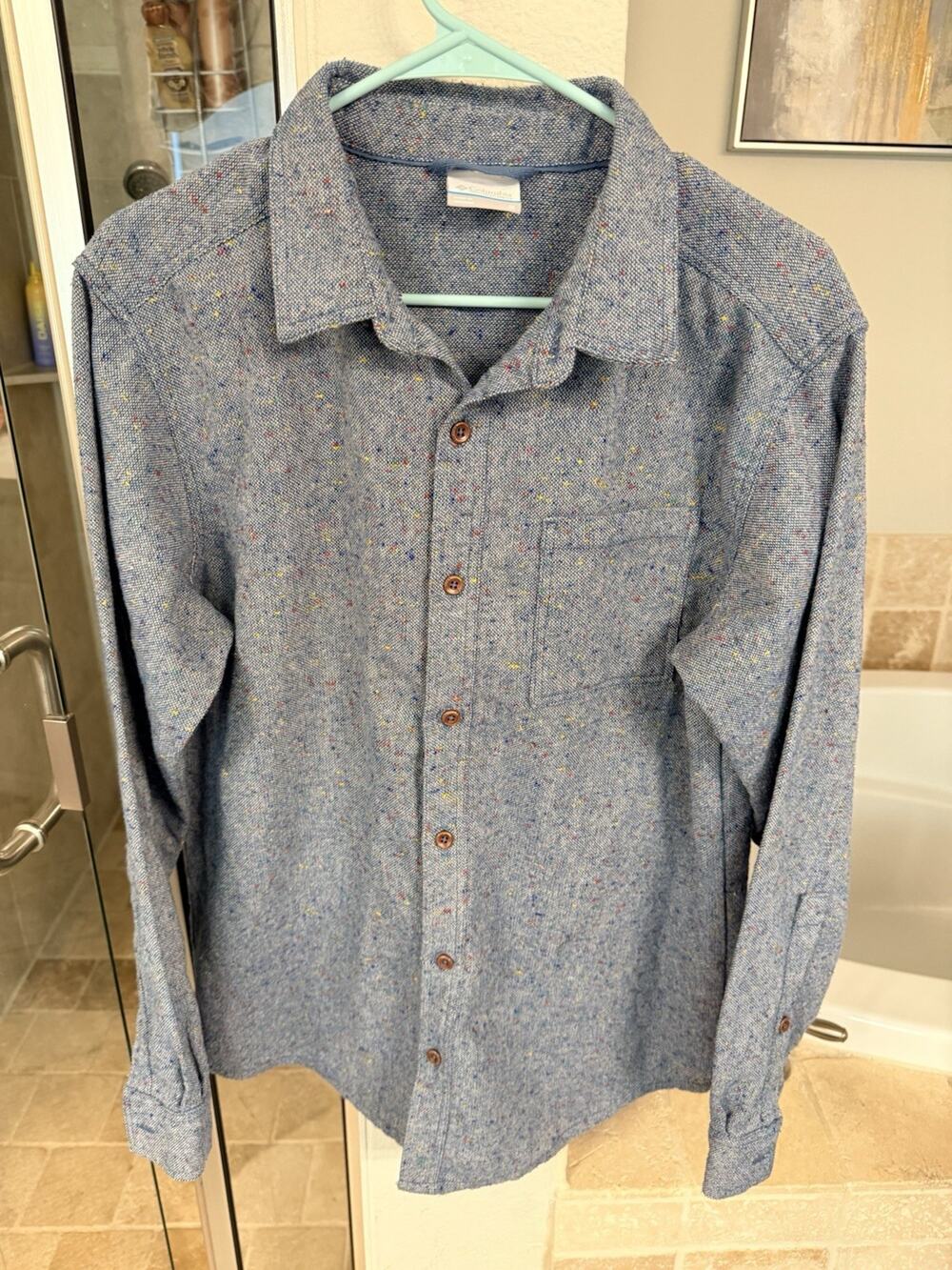 Columbia Mens Medium Blue Wool Blend Speckled Button Up Shirt Heathered Outdoor